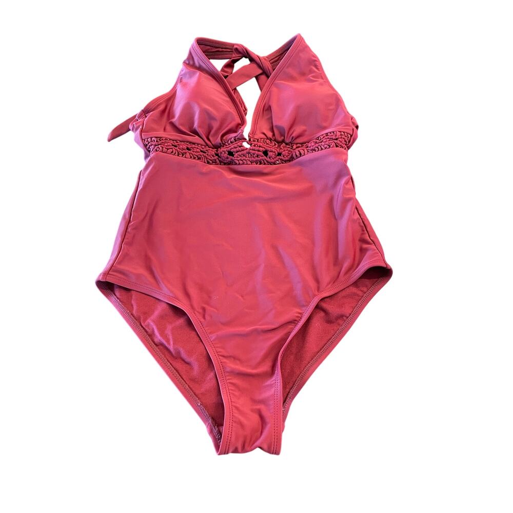 Kona Sol wine colored one piece swimsuit with macrame insert Medium